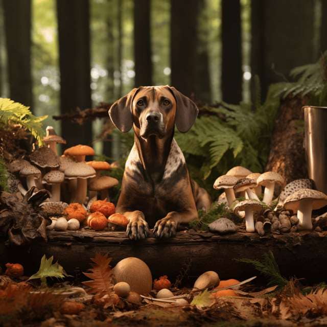 a lush forest floor with various types of mushrooms, including safe options like oyster, shiitake, and lion's mane, to highlight the best mushrooms for dogs and cats