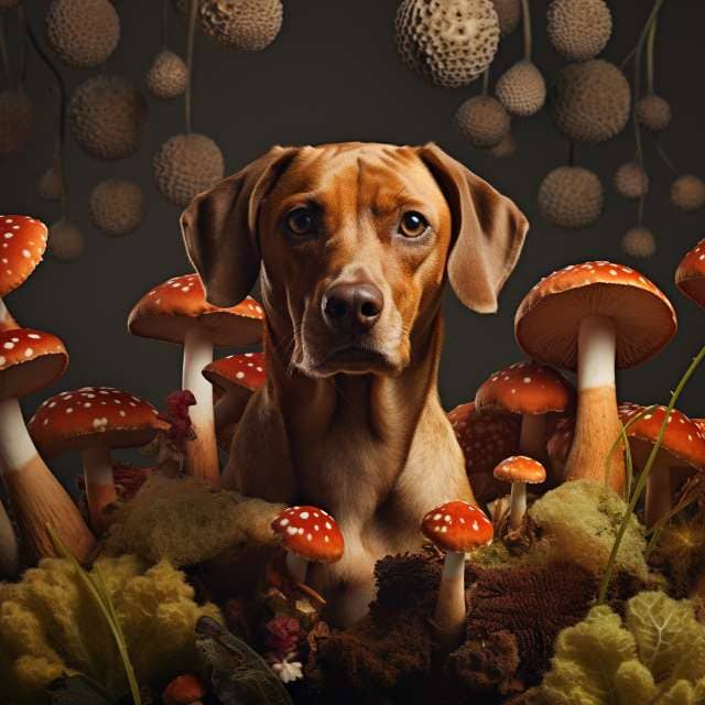 chocolate lab with portabello mushrooms